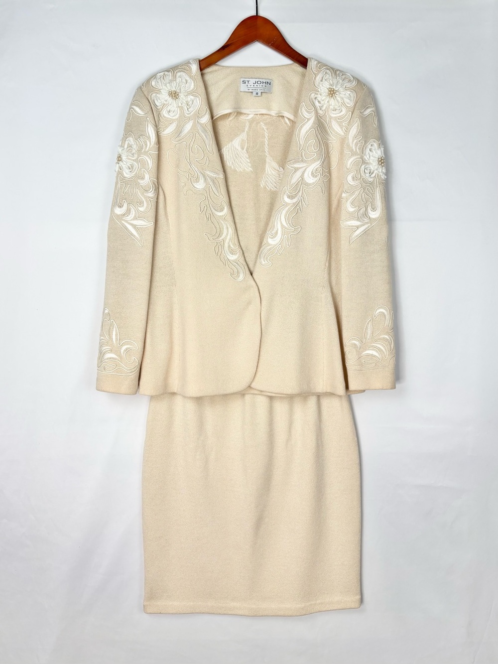 Vintage St John Evening Set Jacket Skirt Ivory Cream Size 10 Floral Embroidery